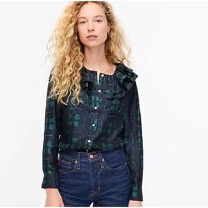 J Crew Collection Women's Silk Twill Ruffle‎ Plaid Blouse Size Small Dark Spruce
